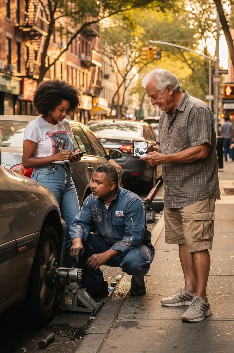 Close-up of a mechanic using diagnostic tools on a vehicle, emphasizing apartment-friendly car maintenance.